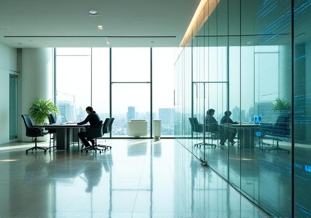 AI倫理と透明性を象徴するクリーンなオフィス風景